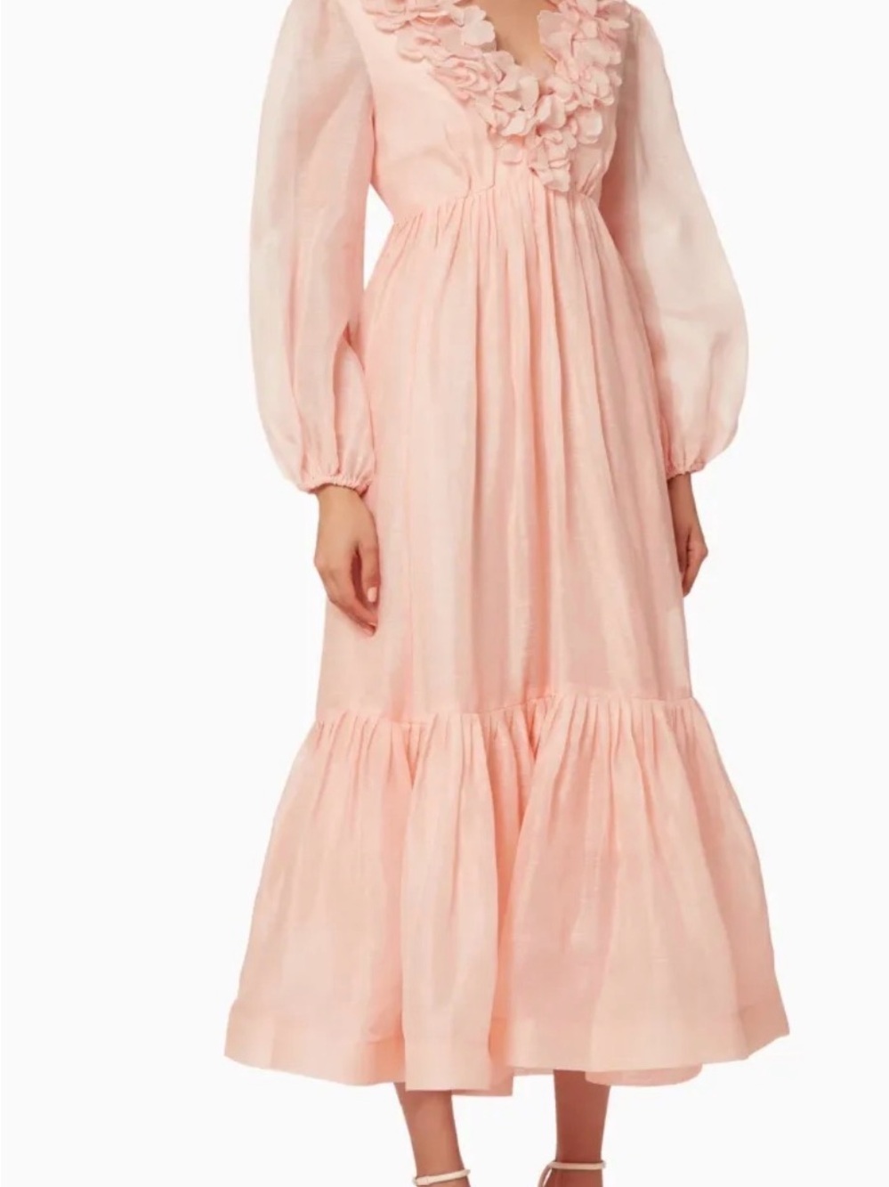 Blush Pink Midi Dress with Ruffle V-Neck and Bishop Sleeves
